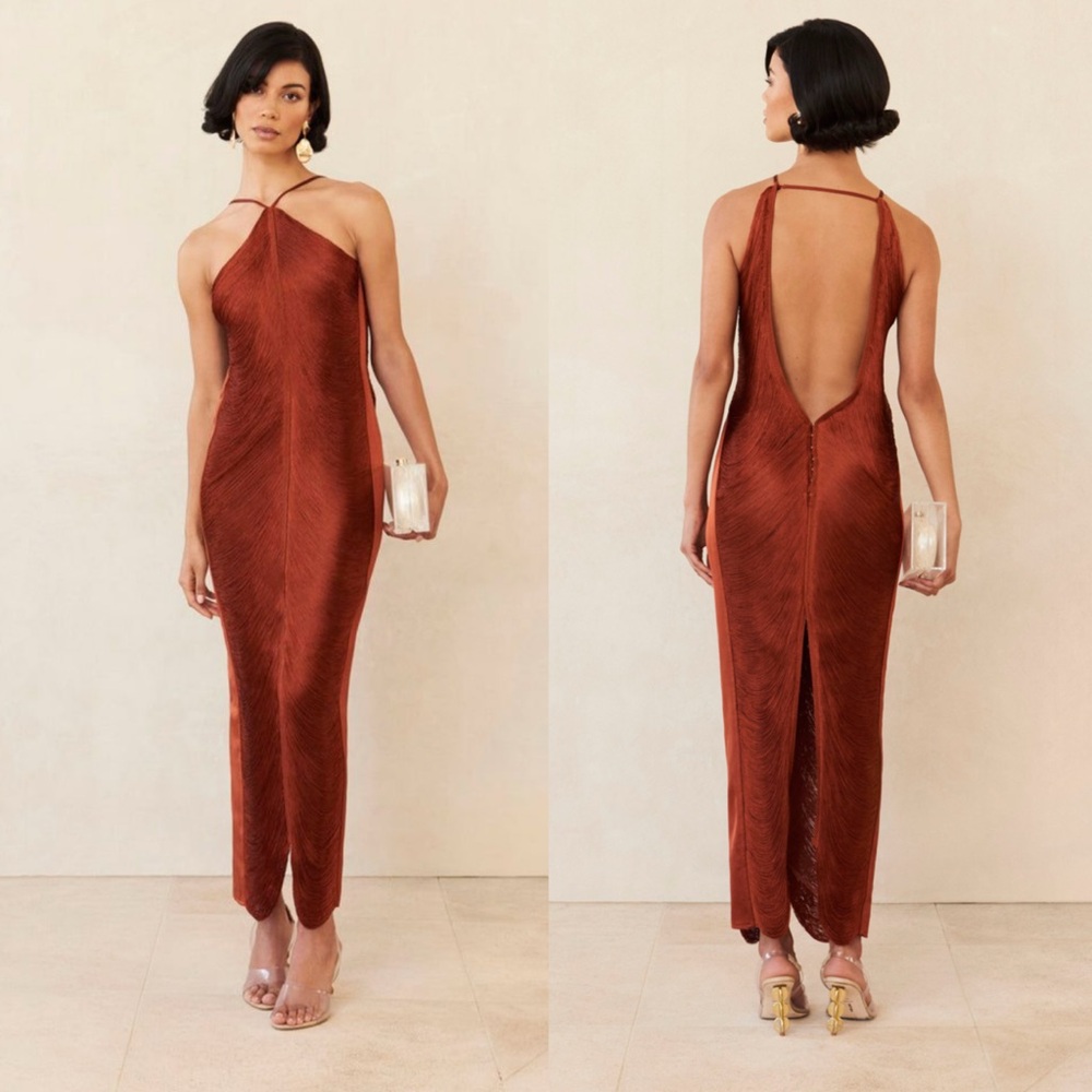 cult gaia Copper Rust Open-Back Halter Maxi Dress